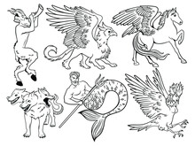 Set Of Mythological Animals. Collection Of Greek Mythical Creatures Mermaid, Minotaur, Harpy, Griffin. Fantasy People. Vector Illustration Various Magical Mythical Creatures.