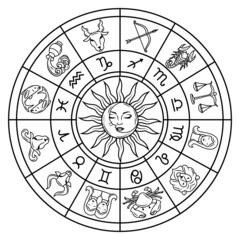 illustration of zodiac circle with constellations signs. sun and magic runes. horoscope symbols for 