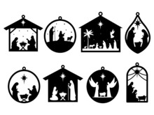 Set Of Holy Christmas Scene On Tree Toys. Collection Of Silhouettes Traditional Christian Characters Holy Night. Family Decoration. Vector Illustration Of Sacred Elements For  Holiday Congratulation.