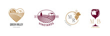 Wine, Vineyard, Organic Natural Winery Logo Collection. Vineyard Field And Grapes Symbols And Icons 