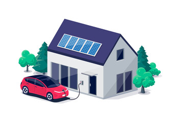 Wall Mural - Electric car parking charging at home wall box charger station on residence family house. Energy storage with photovoltaic solar panels on building roof. Renewable smart power electricity backup grid.