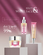 Cosmetic cream product on podium ads against dark pink background in 3d illustration. Beauty product advertisement banner.