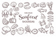 Hand-drawn seafood background. Fish, seaweed, and shellfish. Food ingredients for cooking illustration. Isolated doodle icons on white background. Vector illustration.
