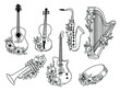 Set of flower musical instruments. Collection of stylized musical instruments with flower arrangement. Vector illustration on white background.