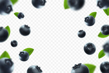 Blueberry Background. Fresh Berry With Green Leaves On Transparent Background. Flying Defocusing Blueberry Berries. 3D Realistic Fruits. Falling Blueberry. Nature Product. Vector Illustration.