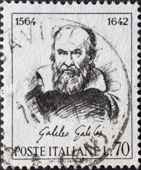 Wall Mural - Italy - circa 1964: a postage stamp from Italy showing a portrait of the philosopher, physicist, mathematician, engineer, astronomer and cosmologist Galileo Galilei