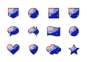 Australia - set of shiny flags of different shapes.