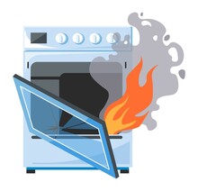 Broken Oven Or Stove On Fire, Damaged Malfunction