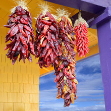 Colorful Picture Of Four Bunches Of Red Chili Peppers Hanging From A Porch