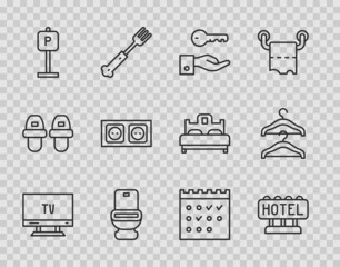 Sticker - Set line Smart Tv, Signboard with text Hotel, door lock key, Toilet bowl, Parking, Electrical outlet, booking calendar and Hanger wardrobe icon. Vector