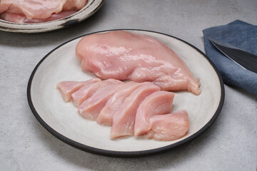 Wall Mural - Raw fresh chicken meat. Raw chicken breast in a gray plate. Selective focus