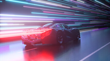 Wall Mural - Futuristic concept. Sports car on the background of glowing neon lines. Red neon laser. 3d Illustration