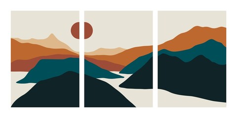 Wall Mural - abstract landscape collage. minimalist posters mountains lake sea moon sun, contemporary wall art. v