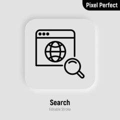 Wall Mural - searching in internet. magnigying glass on web page thin line icon. pixel perfect, editable stroke. 