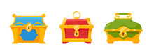 Set Of Pirate Chests Isolated Icons, Closed Gold Caskets With Golden Metal Elements And Keyholes. Treasury, Abundance