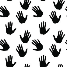 Black And White Illustration Of Hand Palm. Seamless Pattern. Can Be Used For Wallpaper, Wrapping Paper, Background, Cover, Fabric, Print, Apparel