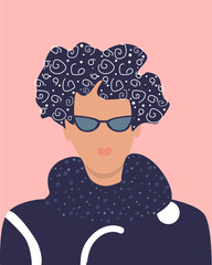 Wall Mural - Portrait of a man with glasses with curly hair and a scarf. For use as an avatar, winter illustrations, and more.