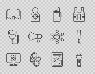 Canvas Print - Set line Police badge, Flashlight, Walkie talkie, Handcuffs, Safety goggle glasses, Megaphone, Plastic bag of drug and Baseball bat icon. Vector