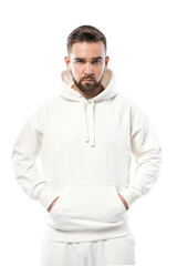 Wall Mural - Handsome man wearing white blank hoodie on white background