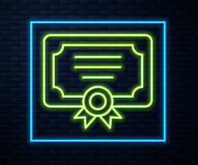 Sticker - Glowing neon line Certificate template icon isolated on brick wall background. Achievement, award, degree, grant, diploma concepts. Vector