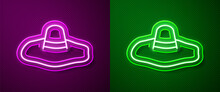 Glowing Neon Line Elegant Women Hat Icon Isolated On Purple And Green Background. Vector