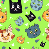 Fototapeta Pokój dzieciecy - Seamless pattern with funny cats. Cartoon style. Vector on green background.