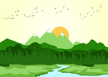 3d Illustration Wallpaper Landscape. Green Mountains And Christmas Forest Trees, Birds, And Sunrise.