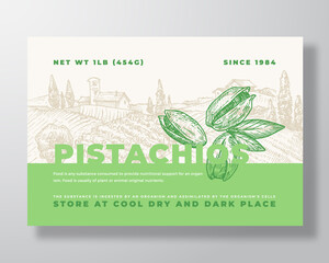 Wall Mural - Fresh Local Pistachios Food Label Template. Abstract Vector Packaging Design Layout. Modern Typography Banner with Hand Drawn Nuts and Rural Landscape Background. Isolated