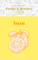 Wall Mural - Fruits and Berries Pattern Label Template. Abstract Vector Packaging Design Layout. Modern Typography Banner with Hand Drawn Yuzu with Slice Sketch Silhouette Background. Isolated