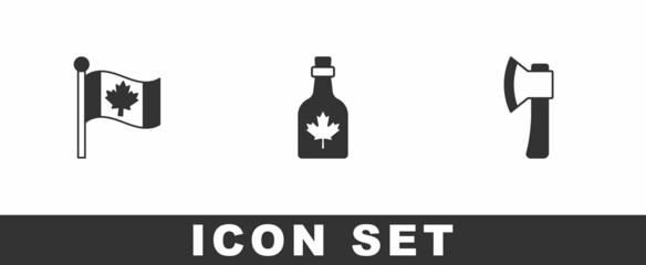 Wall Mural - Set Flag of Canada, Bottle maple syrup and Wooden axe icon. Vector