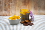 Fototapeta Sawanna - Chia and mango pudding. Fit breakfast.