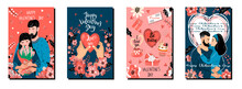 Collection Of Postcards About The Love Story Of Happy Romantic Couple.Hugging Characters, Stylish Flowers,sweet Gifts And Hand Lettered Text.Hand Drawn Cute Illustration For Valentines Day Concept.
