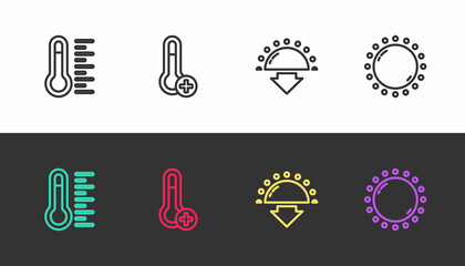 Sticker - Set line Meteorology thermometer, , Sunset and on black and white. Vector