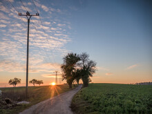 Strommast Und Feldweg Bei Sonnenuntergang