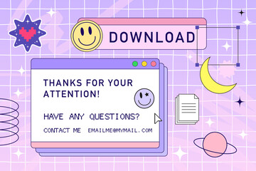 Retro browser computer window in 90s vaporwave style with smile face hipster stickers. Retrowave pc desktop with message boxes and popup user interface elements, Vector illustration of UI and UX