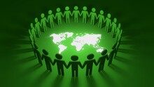 Group Of Cutout People Holding Hands Together Forming A Connected Circle Of Alliance And Cooperation Around White World Map On Green Background. 3D Illustration Concept Of Community And Togetherness.