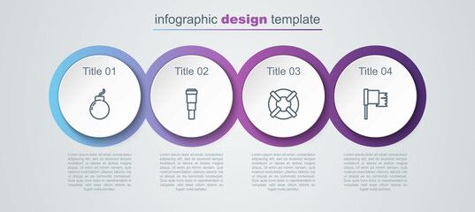 Sticker - Set line Bomb ready to explode, Spyglass telescope lens, Lifebuoy and Pirate flag. Business infographic template. Vector