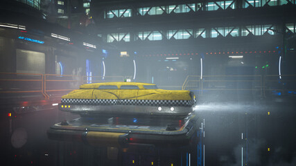 Wall Mural - A futuristic flying yellow cab taxi hovering over a docking platform in a high rise urban environment. Cyberpunk city concept 3D rendering.