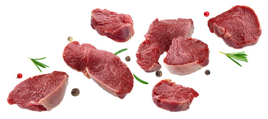 Wall Mural - falling raw beef meat isolated on white background