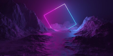 Wall Mural - Mountain terrain landscape with pink and blue neon light glowing twisted square frame, retro technology or futuristic alien background template