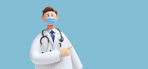 3d render. Cartoon character young caucasian man doctor, wears face mask and uniform, shows direction with finger. Medical clip art isolated on blue background. Health care consultation