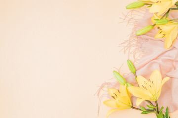 Wall Mural - flat lay frame with yellow lilies and beige scarf on color background