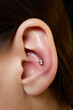 piercings on an ear. Conch and helix piercings close up.