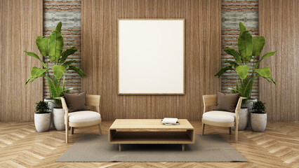 Wall Mural - Livingroom style cozy,Wood armchairs, Tropical tree,Wood frame mock up on wood wall,Brick wall,Wood floors-3D render