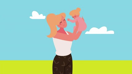 Sticker - blond mother holding baby characters scene