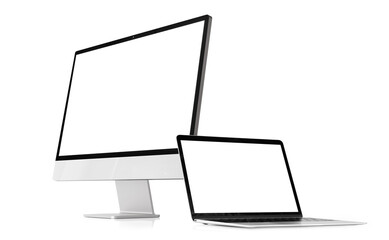 Modern desktop and laptop computers isolated on white background