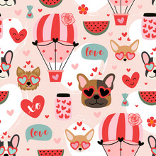 Valentine Seamless Pattern With Funny Dogs And Love Elements