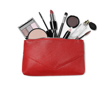 Cosmetic Bag With Makeup Products And Accessories On White Background, Top View