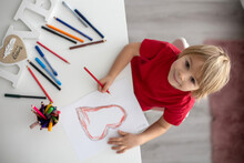 Blond Toddler Child, Drawing Picture With Heart For Valentine, Gift For Mom