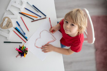 Blond Toddler Child, Drawing Picture With Heart For Valentine, Gift For Mom